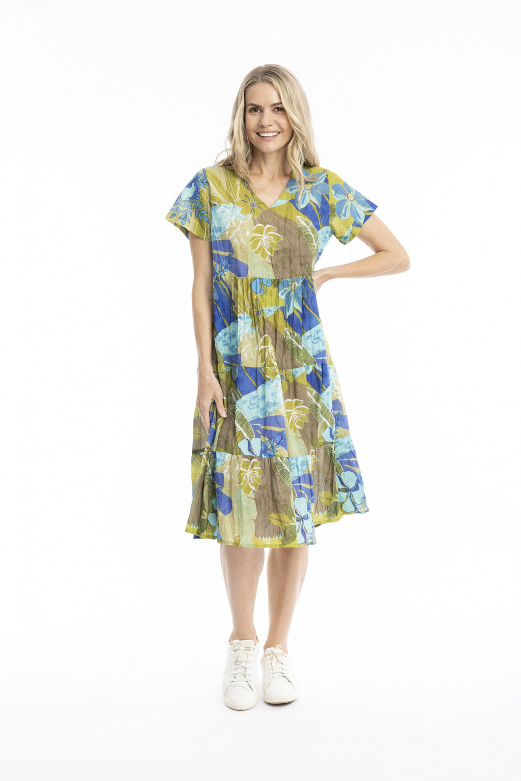 Thalia Tiered Dress - Tropical Flowers Olive