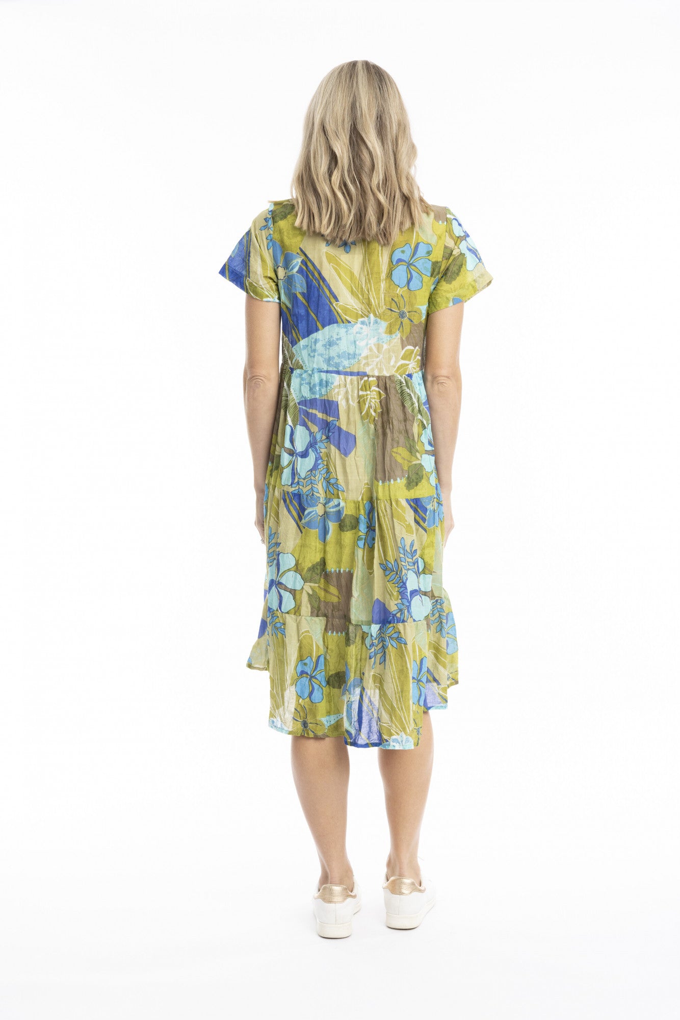 Thalia Tiered Dress - Tropical Flowers Olive