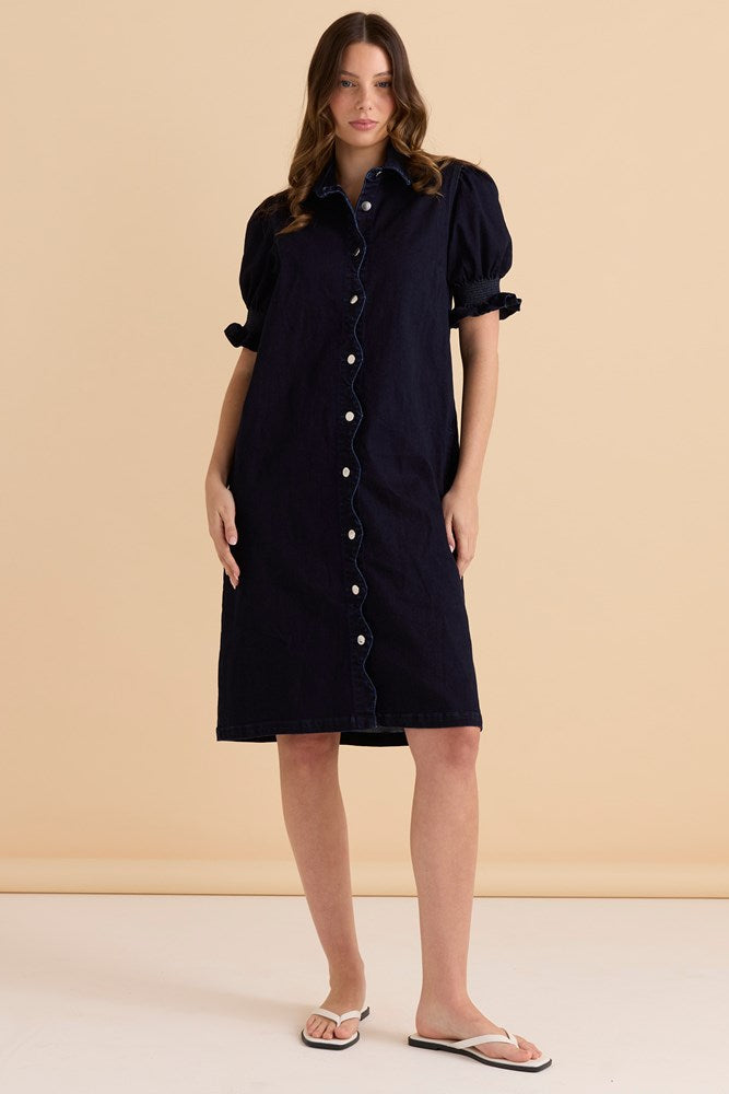 Scallop Denim Dress - Indigo Blue
