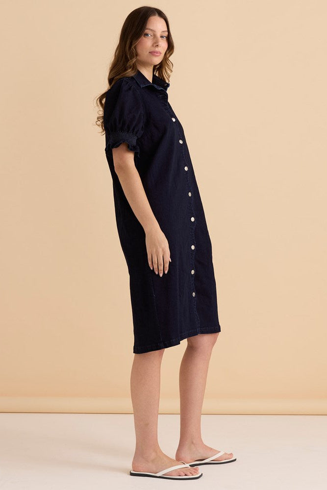 Scallop Denim Dress - Indigo Blue