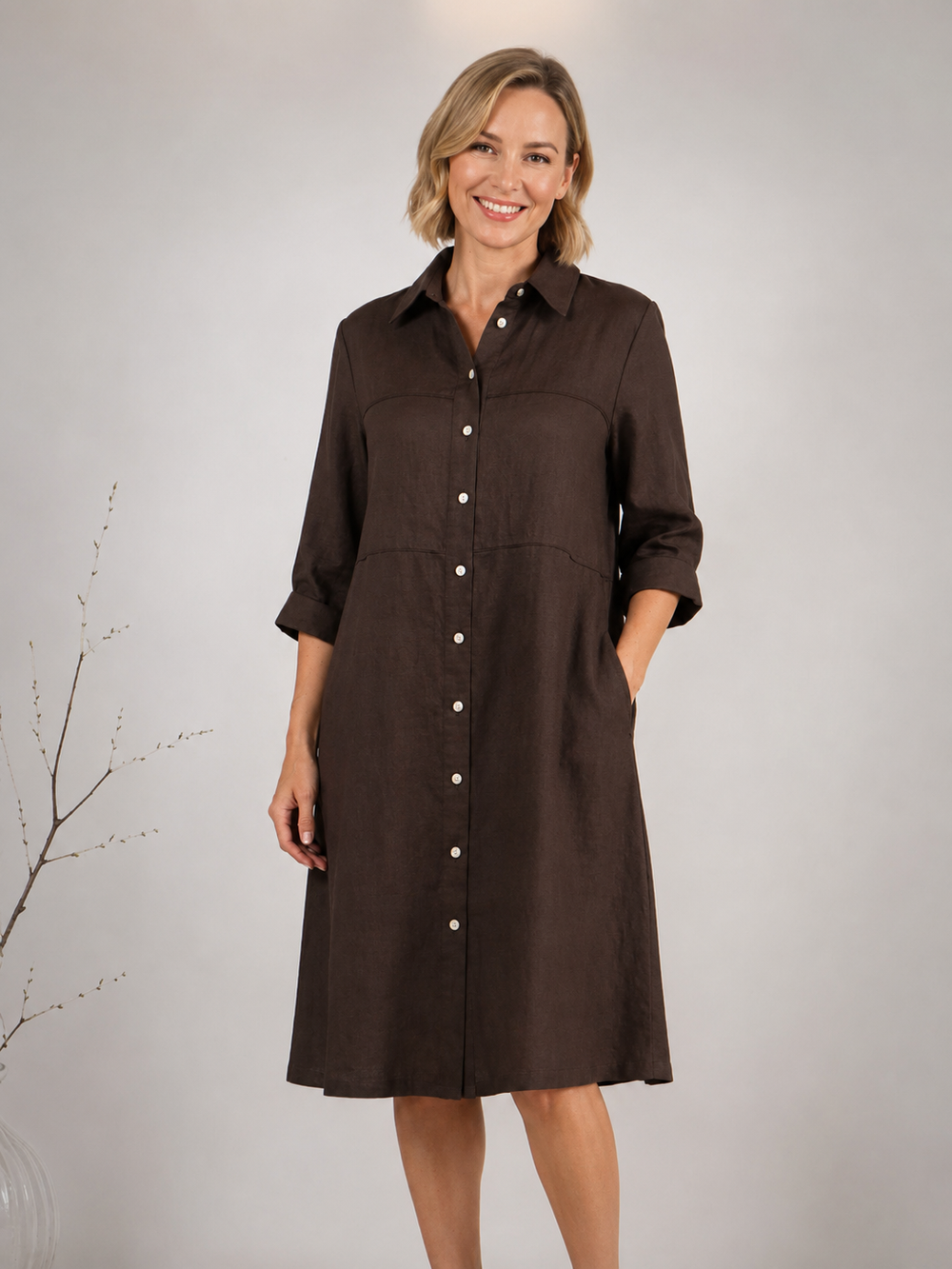 Ramie Layer Front Shirt Dress